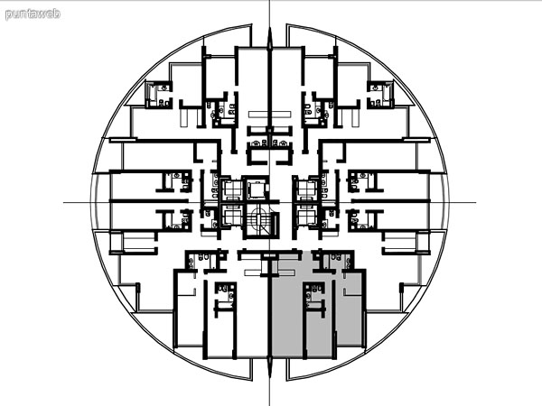 Apartments typology 01 – 201 to 2201<br>2 bedrooms (1 en suite)<br>Own meters – 86.96 m<br>Terraces – 11.78 m<br>Circulations – 6.36 m<br>Total meters – 105.10 m