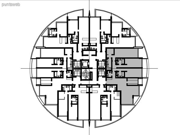 Apartments typology 02– 202 to 2202<br>2 bedrooms (1 en suite)<br>Own meters – 86.96 m<br>Terraces – 11.78 m<br>Circulations – 6.46 m<br>Total meters – 105.20 m