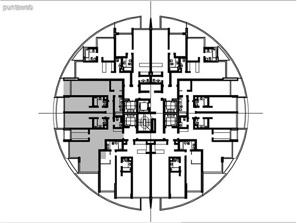 Apartments typology 07 – 207 to 2207.<br>1 bedroom<br>Own meters – 52.00 m<br>Terraces – 16.90 m<br>Circulations – 4.51 m<br>Total meters – 73.41 m