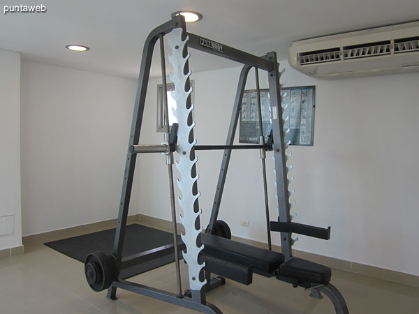 Fitness center. Located in mezzanine overlooking towards the front of the building.