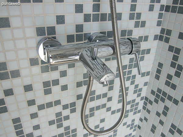 Detail of the shower in the bathroom of the suite. Glass–enclosed shower.