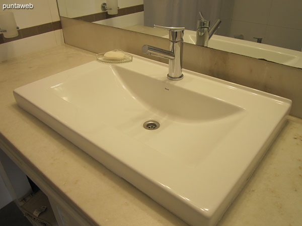 Bathroom of the master suite. Inside, large. Shower and shower curtain.