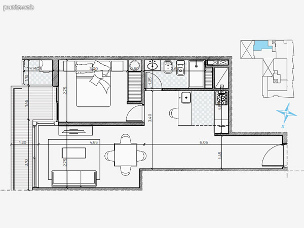 UNIDAD: 105  805  904 TIPOLOGIA 1 Dormitorio<br>rea Propia 49.40 mts.<br>rea Terraza Servicio 1.60 mts.<br>rea Balcn 5.70 mts.