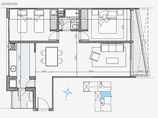 UNIDAD: 102 – 802 TIPOLOGIA 2 Dormitorios<br>rea Propia 68.90 mts.<br>rea Terraza Servicio 1.90 mts.<br>rea Balcn 9.10 mts.