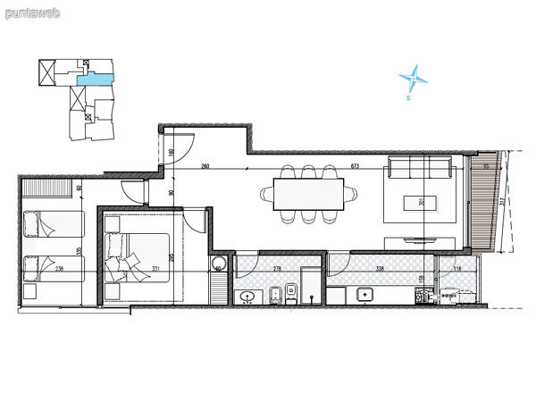 UNIDAD: 1005 TIPOLOGIA 2 Dormitorios<br>rea Propia 69.00 mts.<br>rea Terraza Servicio 2.10 mts.<br>rea Balcn 3.00 mts.