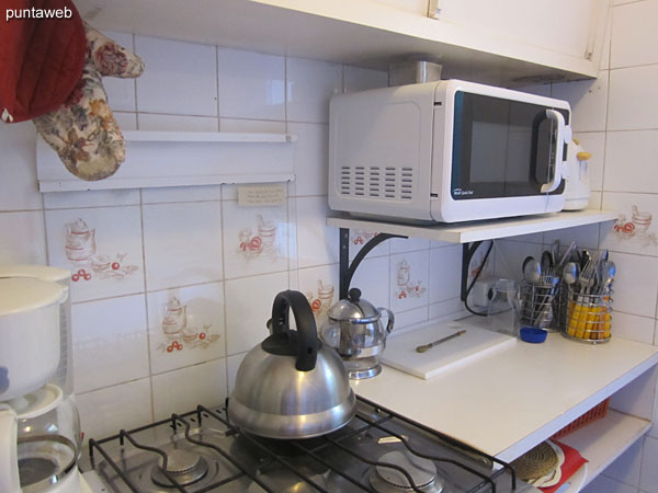 Gas stove four burners, microwave, refrigerator.