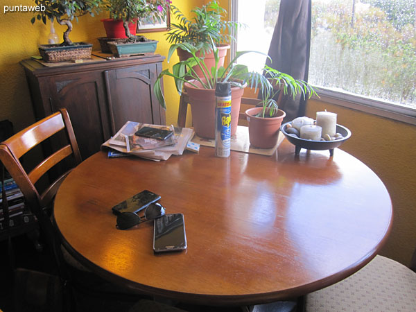 Detail of the atmosphere in the living room. It has wood round table with four chairs by the window.