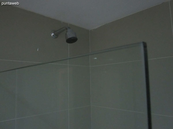 Sector de sanitarios y ducha con bañera y mampara de vidrio en el baño de la suite.