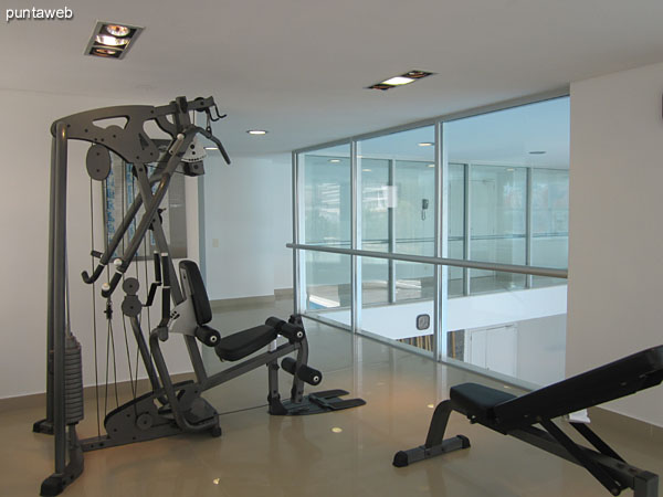 Fitness center. Located in mezzanine overlooking towards the front of the building.