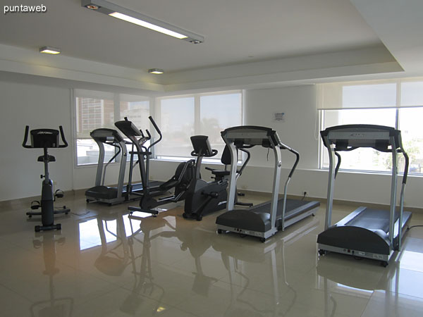 Fitness center. Located in mezzanine overlooking towards the front of the building.