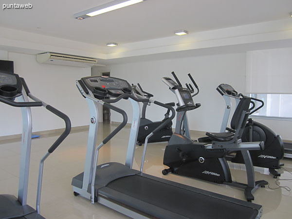 Fitness center. Located in mezzanine overlooking towards the front of the building.