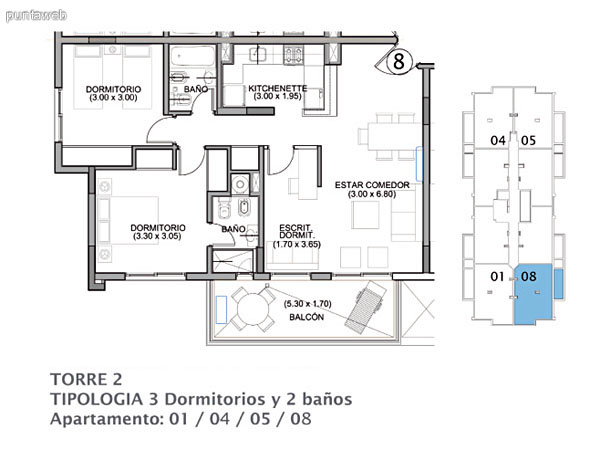 Planos de torre II, planta del piso 1 al 14.<br>Plantas de 3 dormitorios y 2 baos (principal en suite) y 2 dormitorios y un bao.