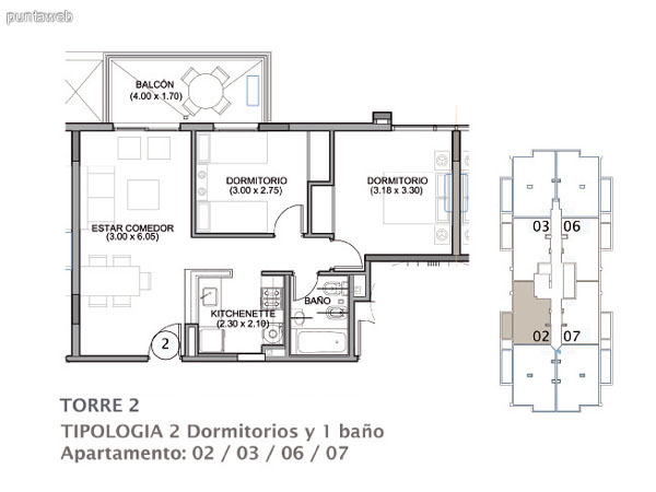 Planos de torre II Apto. 01–04–05–08.<br>Tipologia 3 dormitorios 2 baos.