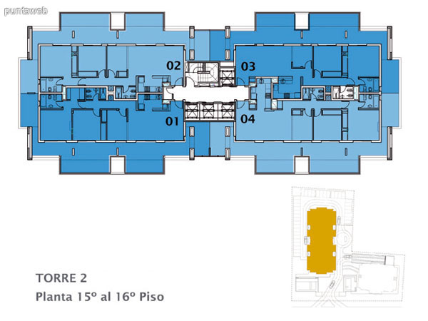 Planos de torre II Apto. 02–03–06–07.<br>Tipologia 2 dormitorios y un bao.