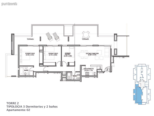 Planos de torre II piso 15 al 16.<br>Tipologia 3 dormitorios 2 baos.