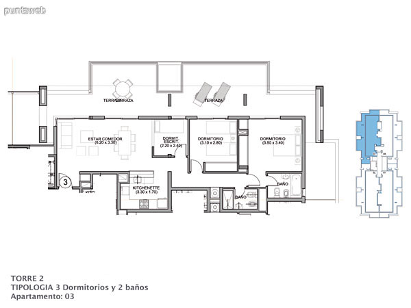 Planos de torre II piso 15 al 16.<br>Tipologia 3 dormitorios 2 baos.
