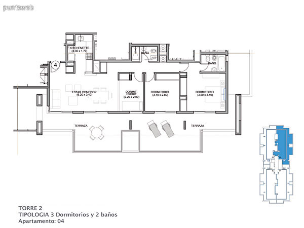 Planos de torre II piso 15 al 16.<br>Tipologia 3 dormitorios 2 ba�os.