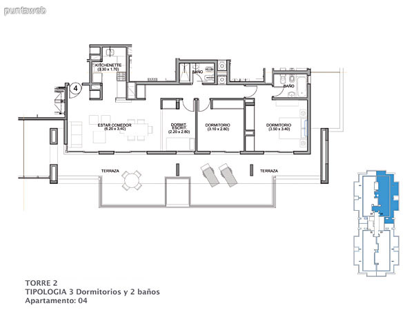 Planos de torre II piso 15 al 16.<br>Tipologia 3 dormitorios 2 baos.