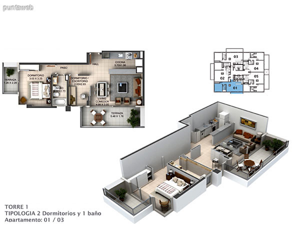 Planos de torre I, planta del piso 1 al 8.<br>Plantas de 1 y 2 dormitorios con dormitorio principal en suite. 