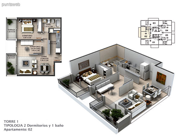 Planos de torre I Apto. 01 y 03.<br>Tipologia 2 dormitorios y un bao.