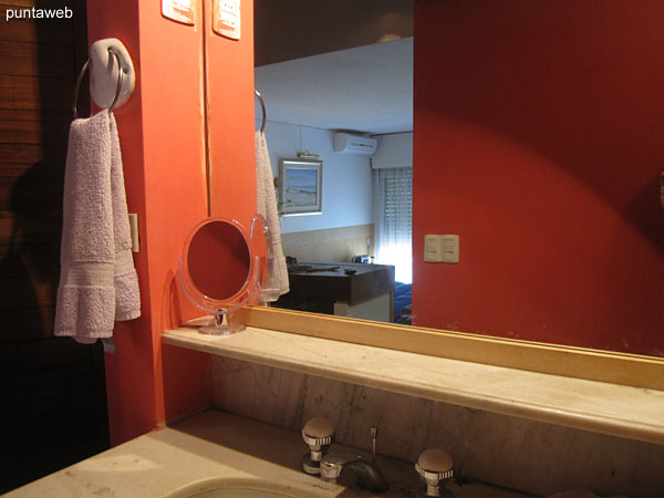Bathroom in the master suite. Interior, equipped with shower and curtain of bath.