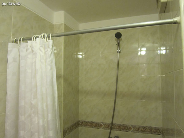 Detail of shower and bathroom curtain.