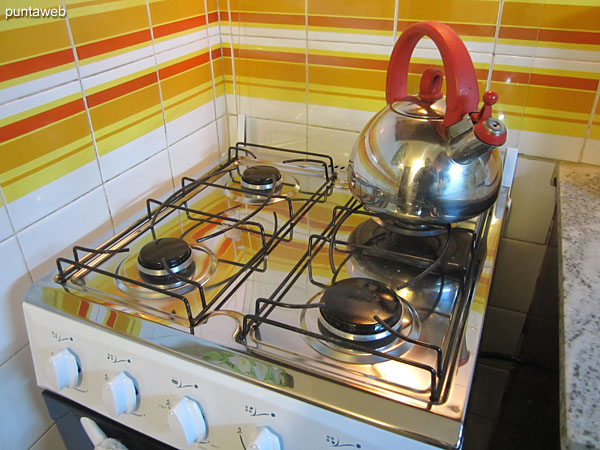 Cocina. Detalle de la disposicin de los estantes, el horno microondas y la heladera con freezer.