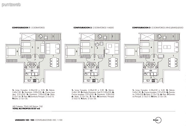 Plano de unidades de 2, 2 y medio y 3  dormitorios.<br>Estas unidades se ubican en el contrafrente del edificio.<br>Poseen vistas al Ocano Atlntico y playa Brava.