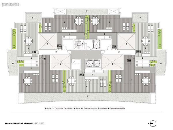Plano de las terrazas de los penthouse.<br>Parrilleros individuales por unidad y deck solarium.