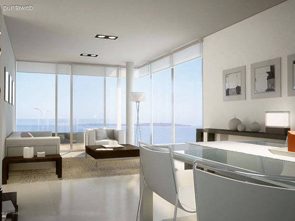 Render del living comedor y vistas exteriores de una unidad.