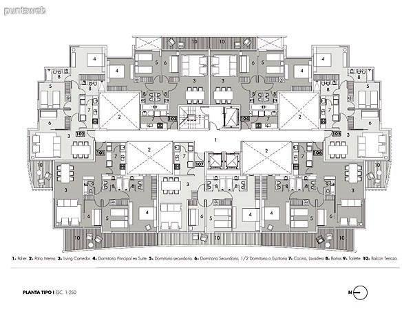 Plano de una planta tipo.<br>Se encuentran 7 unidades de 2, 2 y medio y 3 dormitorios.