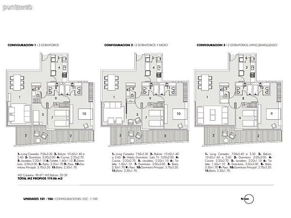 Plano de unidades de 2, 2 y medio y 3  dormitorios.<br>Estas son unidades frontales con vistas a playa Mansa y Pennsula.<br>Orientacin sur.