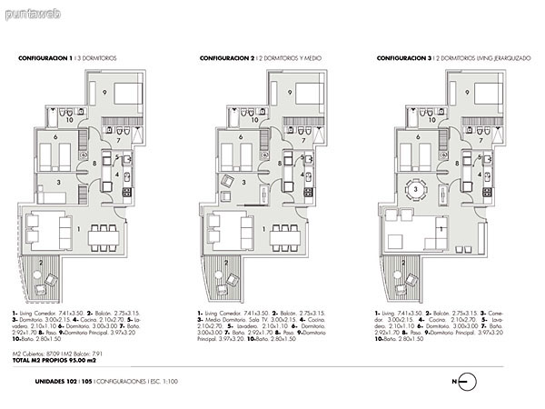 Plano de unidades de 2, 2 y medio y 3  dormitorios.<br>Estas son unidades laterales del ala norte del edificio.  