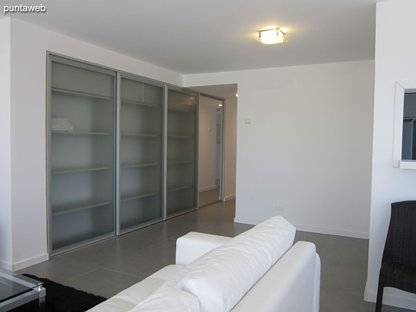 The side of the living room has a large wardrobe / closet with glass doors.