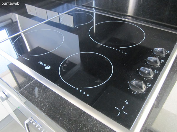 Kitchen equipment detail: four–burner electric stove with extractor hood and built–in electric oven.