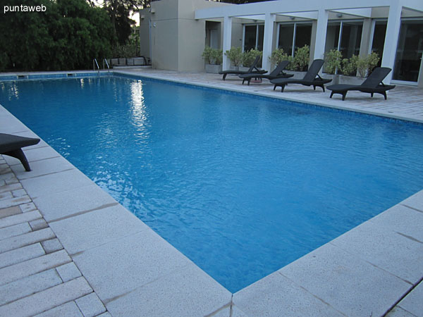 General view of the outdoor pool in the garden at the back of the building.