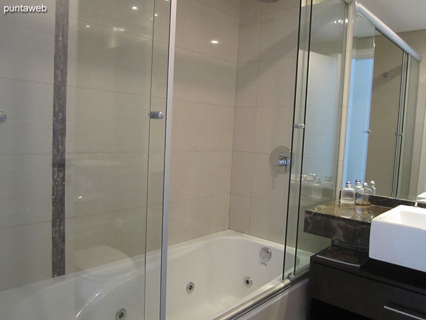 Bathroom of the suite. Interior, equipped with shower, screen and hydromassage.