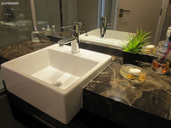 Bathroom of the suite. Interior, equipped with shower, screen and hydromassage.