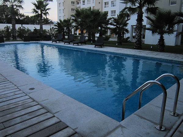 General view of the outdoor pool in the garden at the back of the building.