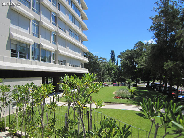 Vista del espacio de jardn al lateral del edificio.