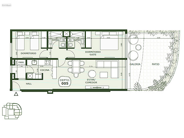 Apartamento 005 – 2 dormitorios<br>Superficie cubierta 71.05 m<br>Galera 13.10 m<br>Patio 17.75 m<br>Circulacin comn 5.55 m<br>Total comercial 107.45 m<br>Comn 10.05 m<br>Cocheras 23.30 m<br><br>Superficie total 140.80 m