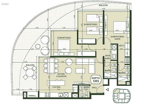 Apartamento 101 – 3 dormitorios<br>Superficie cubierta 93.60 m<br>Galera 26.30 m<br>Patio 24.65 m<br>Circulacin comn 12.20 m<br>Total comercial 156.75 m<br>Comn 14.30 m<br>Cocheras 33.20 m<br><br>Superficie total 204.25 m