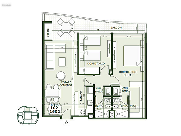 Apartamento 102 al 1602 – 2 dormitorios<br>Superficie cubierta 71.70 m²<br><br>Circulación común 9.20 m²<br>Total comercial 95.45 m²<br>Común 10.35 m²<br>Cocheras 24.00 m²<br><br>Superficie total 129.80 m²