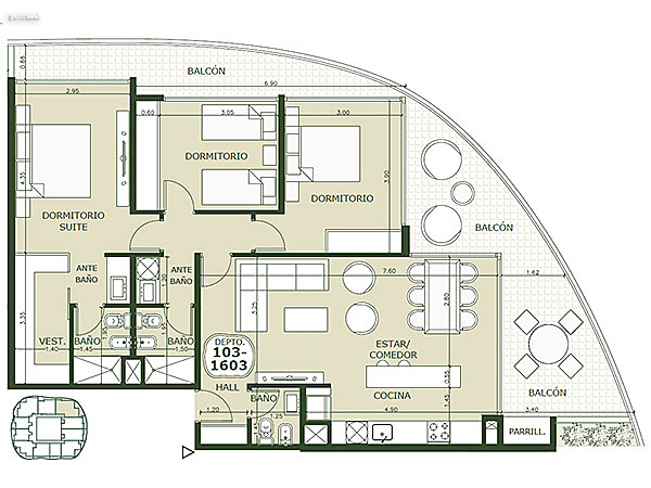 Apartamento 103 al 1603 – 3 dormitorios<br>Superficie cubierta 96.95 m<br>Galera 33.65 m<br>Circulacin comn 13.30 m<br>Total comercial 143.90 m<br>Comn 15.55 m<br>Cocheras 36.15 m<br><br>Superficie total 195.60 m