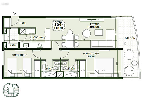 Apartamento 104 al 1604 – 2 dormitorios<br>Superficie cubierta 69.75 m²<br>Galería 15.55 m²<br>Circulación común 8.70 m²<br>Total comercial 94.00 m²<br>Común 10.15 m²<br>Cocheras 23.60 m²<br><br>Superficie total 127.75 m²