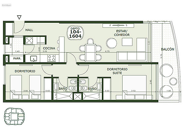 Apartamento 104 al 1604 – 2 dormitorios<br>Superficie cubierta 69.75 m<br>Galera 15.55 m<br>Circulacin comn 8.70 m<br>Total comercial 94.00 m<br>Comn 10.15 m<br>Cocheras 23.60 m<br><br>Superficie total 127.75 m