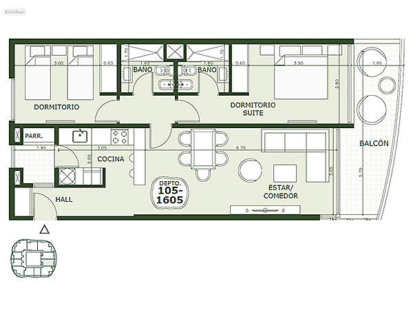 Apartamento 105 al 1605 – 2 dormitorios<br>Superficie cubierta 69.75 m<br>Galera 15.20 m<br>Circulacin comn 8.65 m<br>Total comercial 93.60 m<br>Comn 10.15 m<br>Cocheras 23.50 m<br><br>Superficie total 127.25 m