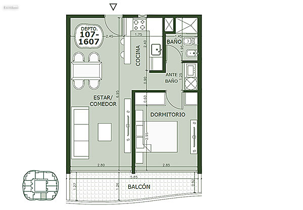Apartamento 107 al 1607 – 1 dormitorio<br>Superficie cubierta 42.75 m²<br>Galería 7.90 m²<br>Circulación común 5.15 m²<br>Total comercial 55.80 m²<br>Común 6.05 m²<br>Cocheras 14.00 m²<br><br>Superficie total 75.85 m²