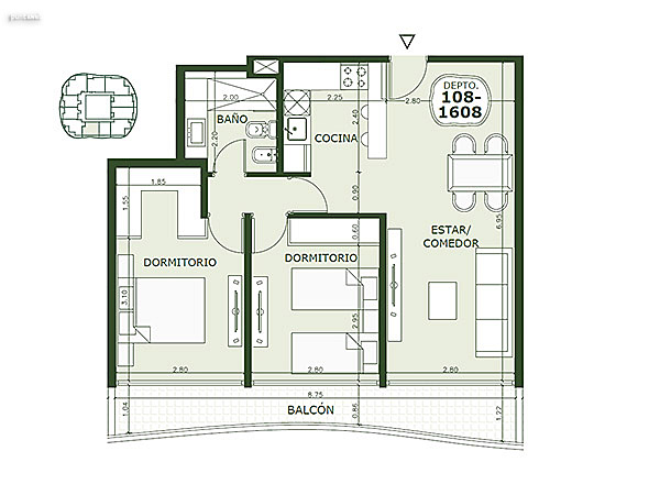 Apartamento 108 al 1608 – 2 dormitorios<br>Superficie cubierta 59.70 m²<br>Galería 9.95 m²<br>Circulación común 7.10 m²<br>Total comercial 76.75 m²<br>Común 8.30 m²<br>Cocheras 19.30 m²<br><br>Superficie total 104.35 m²