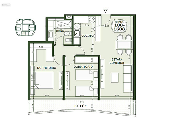 Apartamento 108 al 1608 – 2 dormitorios<br>Superficie cubierta 59.70 m<br>Galera 9.95 m<br>Circulacin comn 7.10 m<br>Total comercial 76.75 m<br>Comn 8.30 m<br>Cocheras 19.30 m<br><br>Superficie total 104.35 m